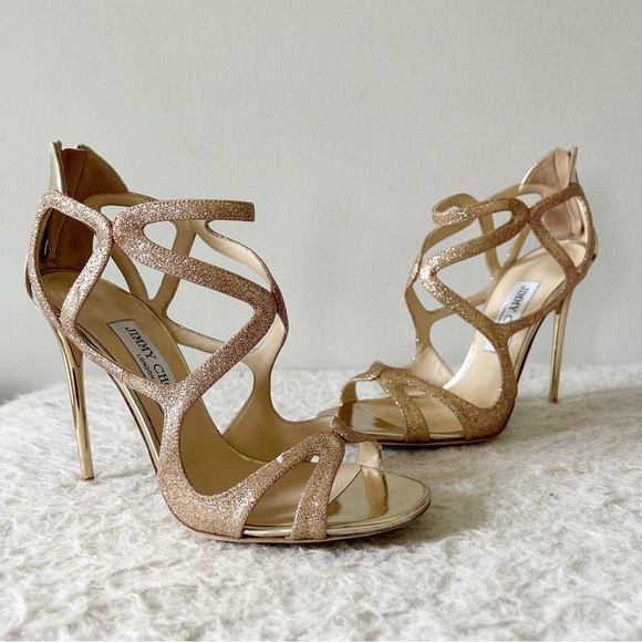 Jimmy Choo Leslie Gold Champagne Glitter Strappy Caged Heels Sandals Size EU 38 - Picture 3 of 14